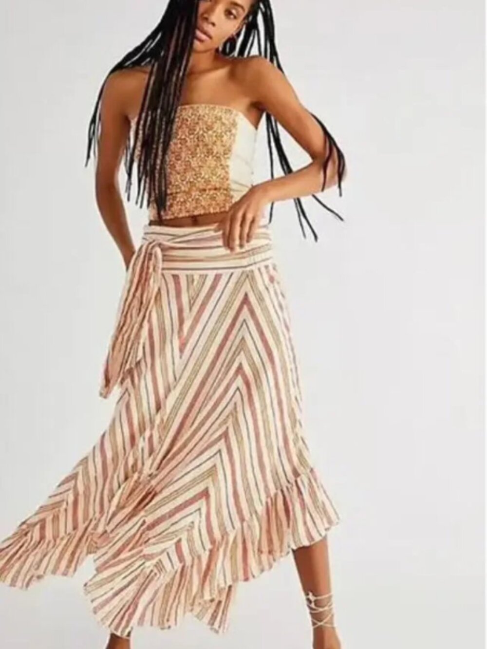 Free People Striped Maxi Skirt in Neutral Brown and Cream